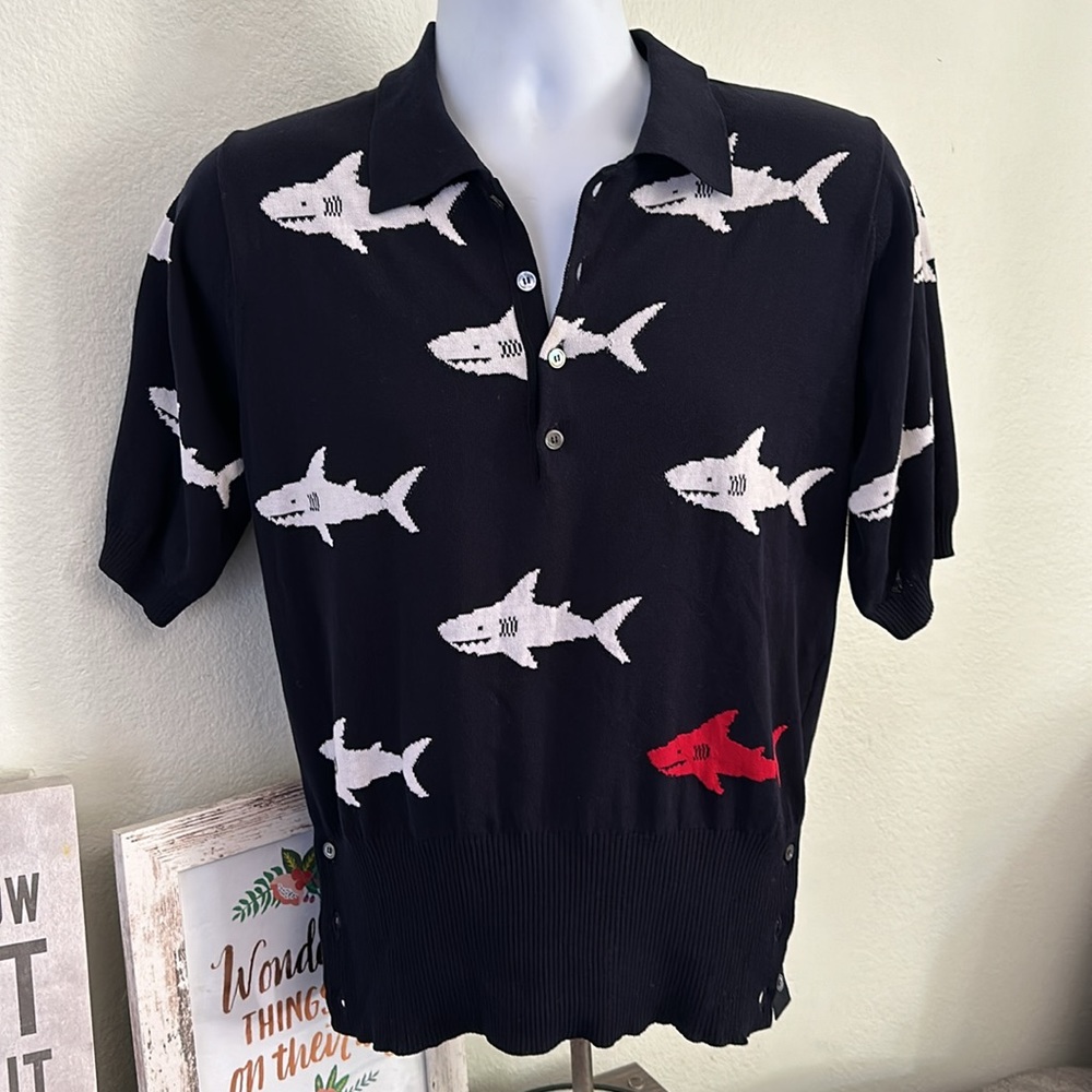 Thom Browne navy short sleeve, shark design sweater